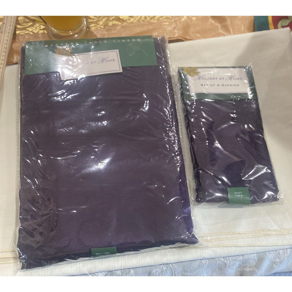 Harvest Table Cloth & 4 Napkins Linens Purple Holiday At Home 60"x102"‎ Oblong